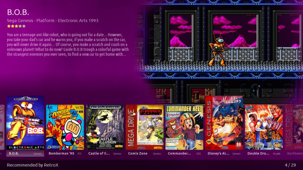 RetroX game detail screen for B.O.B. on Sega Genesis